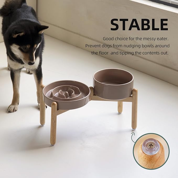 Ceramic Raised Slow Feeder Dog Bowl Set, Elevated 7.3inch Bowl and 8.2inch Puzzle Slow Dish with Wooden Stand for Medium and Large Dog, Anti-Gulping (2X Brown Coffee+ Stand)