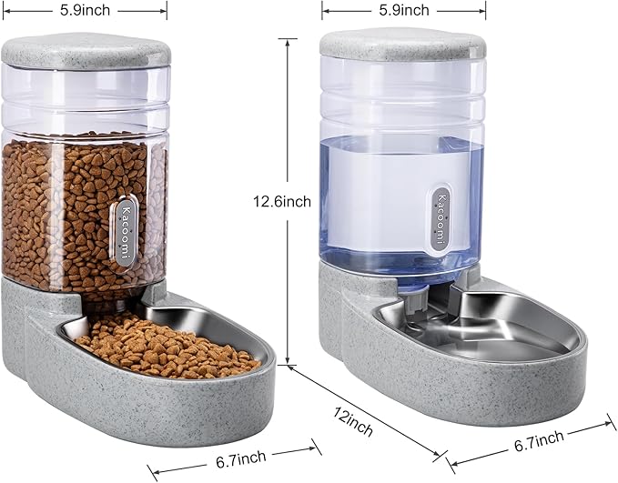 Automatic Cat Feeder and Water Dispenser with Stainless Steel Bowl Gravity Food Feeder and Waterer Set for Small Medium Dog Puppy Kitten 1 Gallon x 2(Grey)