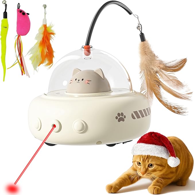 hooroor 2-in-1 UFO Laser Cat Toy with Feather, Automatic Motion Smart Sensor Interactive Toy for Indoor Cats & Small Dogs, Rechargeable 360° Obstacle-Avoidance Exercise Toy, Fun Self-Play Pet Gift