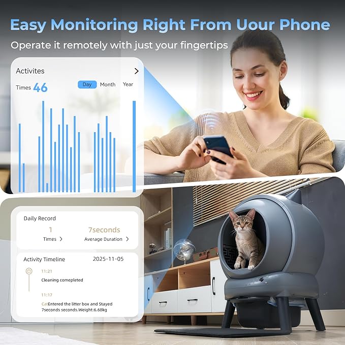 Self Cleaning Litter Box for Cats, Automatic Cat Litter Box with Smart APP Control and Health Monitoring, Includes 2 Roll Trash Bag and Litter Mat, Grey