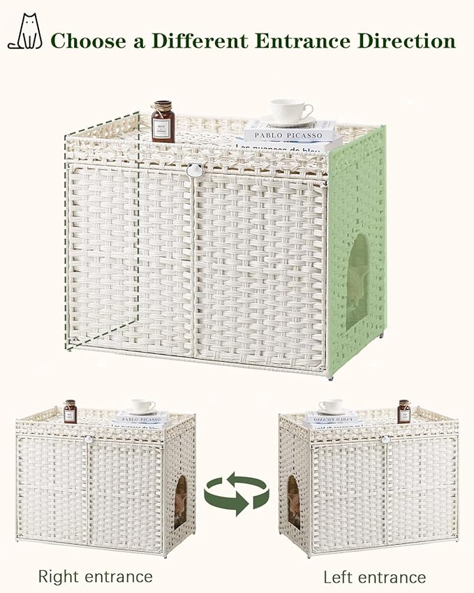 Cat Litter Box Enclosure Furniture, Handwoven Rattan Hidden Litter Box with Mat, Large Space Cat House with 2 S-Shaped Hooks 30.3 x 18.3 x 24.4 Inches, Indoor for Living Room Apartment White