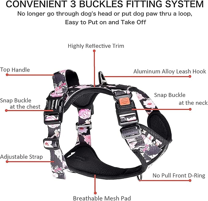 Petmolico Large Dog Harness Set, Reflective Vest Harness, 2 Leash Attachments, Rope Leash, Poop Bag Holder, Black with Pink Rose