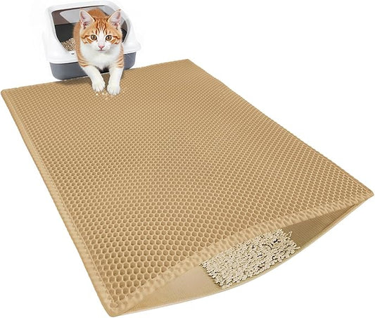 Cat Litter Mat, Cat Litter Trapping Mat, 29.9'' x 35.8''Inch, Double Layer Waterproof Proof Litter Box mat, Non-Slip Design, Reduces Litter Scatter, Easy to Clean, Beige
