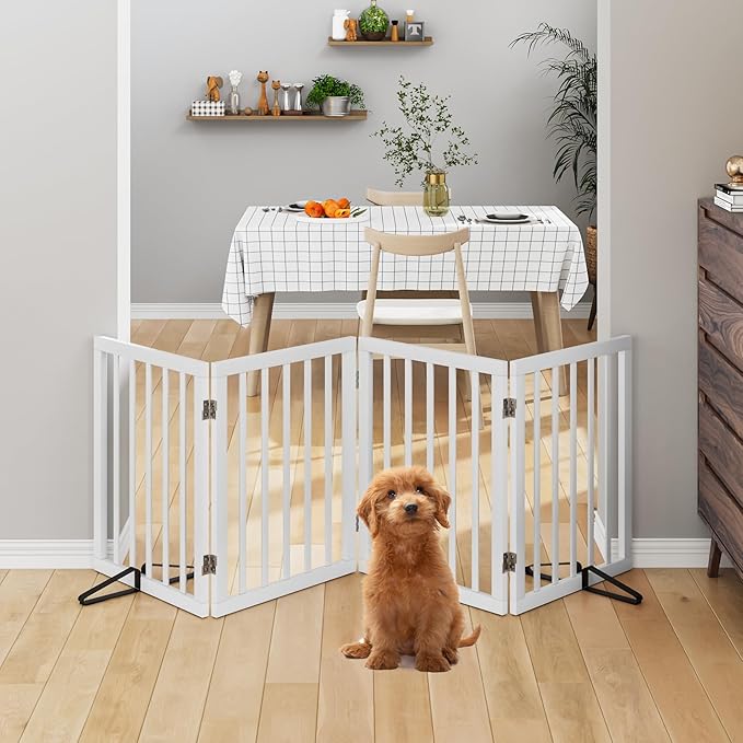 Wooden Dog Gate Freestanding Foldable Pet Gate 4 Panel Fully Assembled Dog Gates for Doorways House Stairs