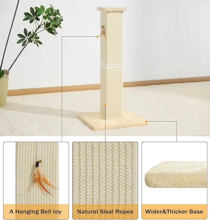 Made4Pets Cat Scratching Post, 32 Inch Natural Sisal Cat Scratcher with Kitten Toy, Tall Scratching Post for Indoor Cats Adults and Kittens, Beige