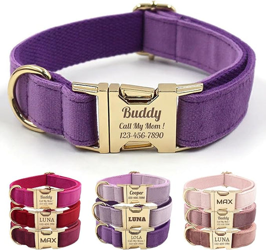 Velvet Personalized Dog Collar with Name - Customizable Dog Collar with Quick Release Metal Buckle - Leash and Bow Tie Available (Purple, M)