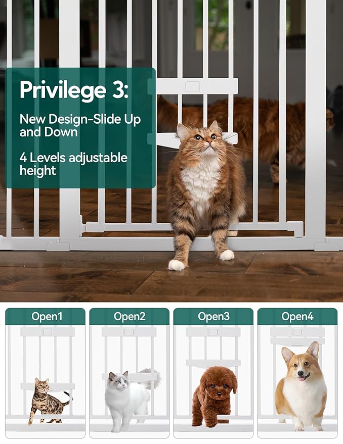 BABELIO 36 Inch Extra Tall Baby Gate with Cat Door, 29-48" Metal Pet Door for Stairs, Doorways, Auto Close, Easy Walk Thru,White