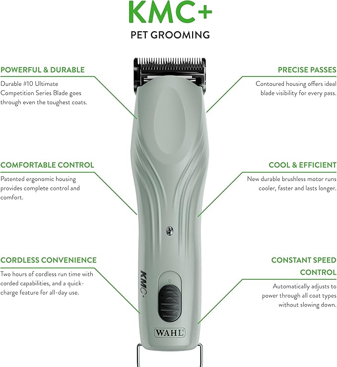 Wahl Professional Animal KMC+ 2-Speed Cordless Clipper (3025661) - Detachable Blade Pet & Dog Clipper Kit - Patented Ergonomic Housing Design - Sage