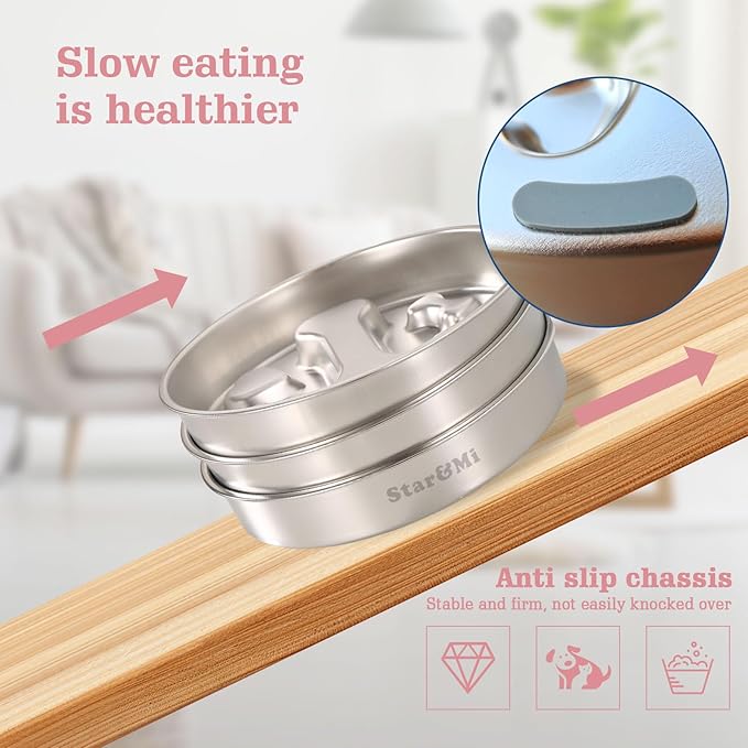 Stainless Steel Slow Feeder Dog Bowls – Non-Slip Metal Dog Bowl for Large & Medium Breeds, Puppy Puzzle Feeder – 2 Cup Capacity for Small to Big Pets – Durable Slow Feed Dog & Cat Food Dish with Mat