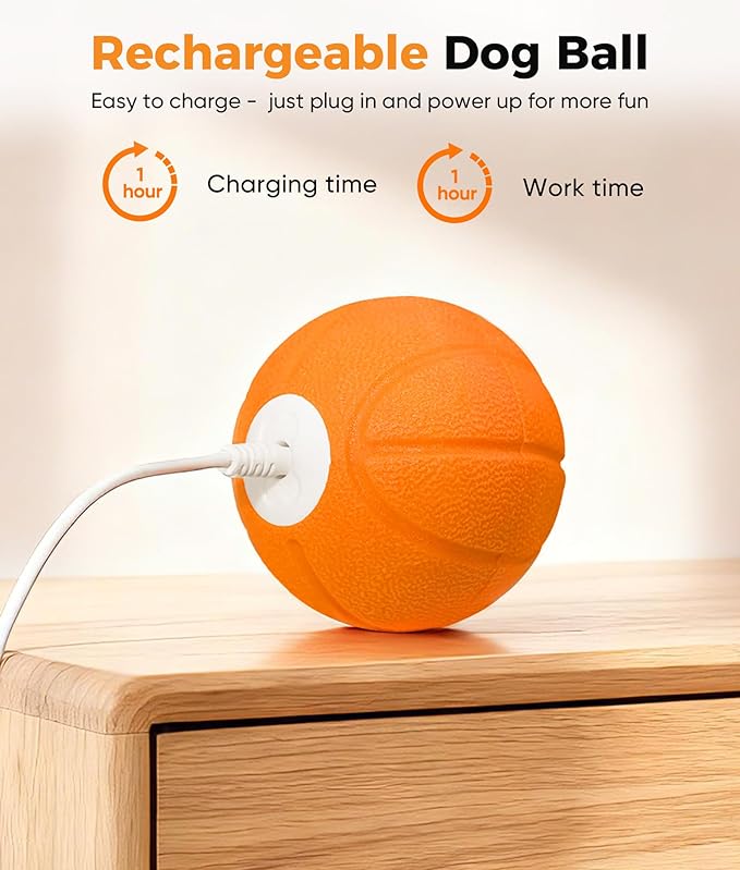 Petbobi Interactive Dog Ball, Moving & Vibrating Automatic Dog Toy, Thick TPU Basketball Design, USB Rechargeable, Washable & Chew-Resistant Self-Moving Dog Toy for Small Medium & Large Dogs