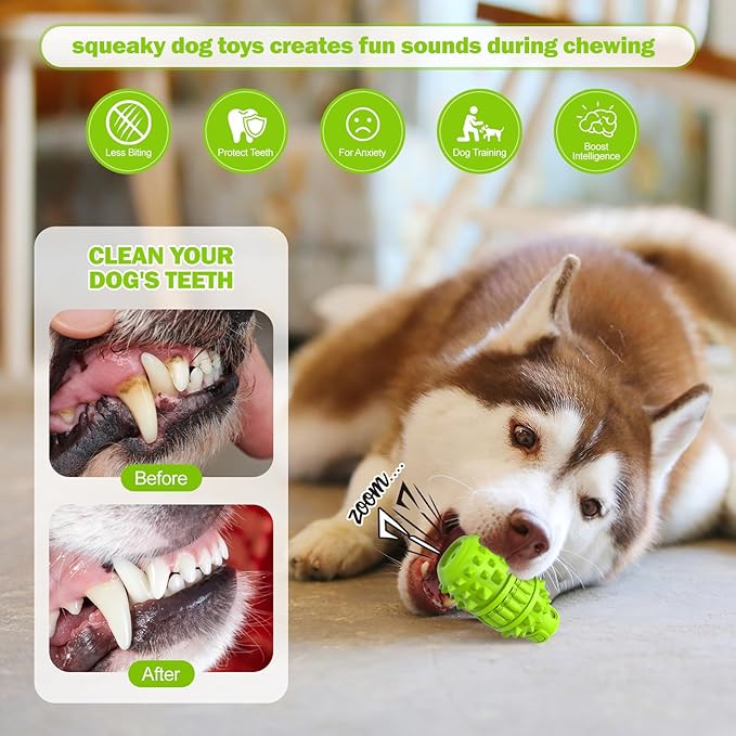 PIFFZEDO Dog Toys for Aggressive Chewers,Interactive Natural Rubber Chew & Squeaky Toy for Large Medium Breed,Dog Toothbrush,Tough & Durable (Green,Large)
