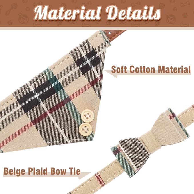 BINGPET Bow Tie Dog Collar with Leash Set - Cute Adjustable Classic Plaid Dog Bandana Collar with Bell, Fit for Medium Dogs, Puppies and Cats Outdoor Walking