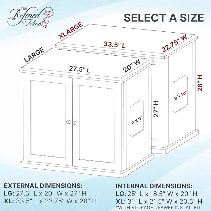 THE REFINED FELINE Cat Litter Box Enclosure Cabinet, Farmhouse, Mahogany Brown, Tulip Feet, Large, Hidden Litter Cat Furniture with Drawer