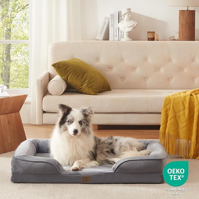 Bedfolks Orthopedic Dog Bed, Big Waterproof Dog Sofa Bed for Large Dogs, Egg Foam Pet Couch Bed with Removable Washable Cover and Nonslip Bottom, Dark Grey