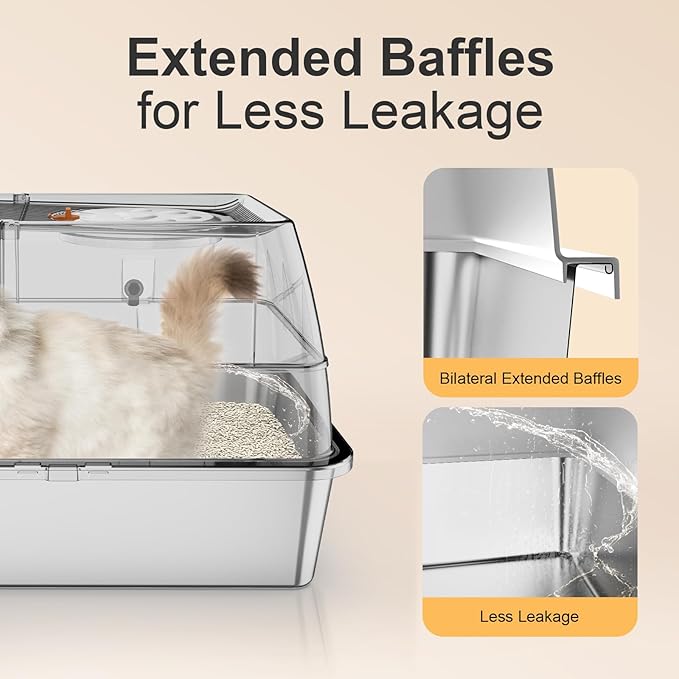 Stainless Steel Litter Box with Lid, XL Extra Large Litter Box, Enclosed Top Entry Metal Litterbox for Big Cats, Easy Cleaning, Less Leakage & High Sided with Mat, Aisle & Scoop, Light Grey