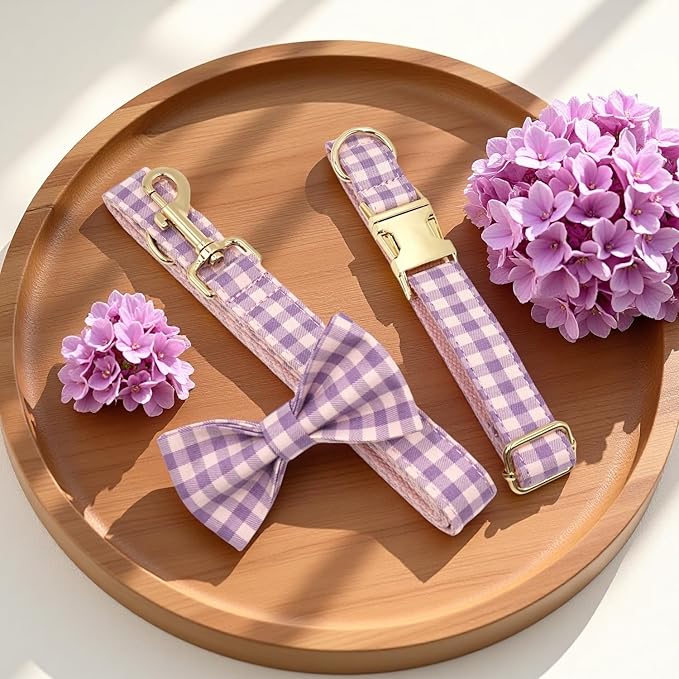 PETDURO Personalized Dog Collar Pink Purple Gingham Plaid for Large Medium Dogs | Engraved Name and Phone Number on Gold Metal Buckle for Girls | Add Leash & Bow Tie via Customize Now