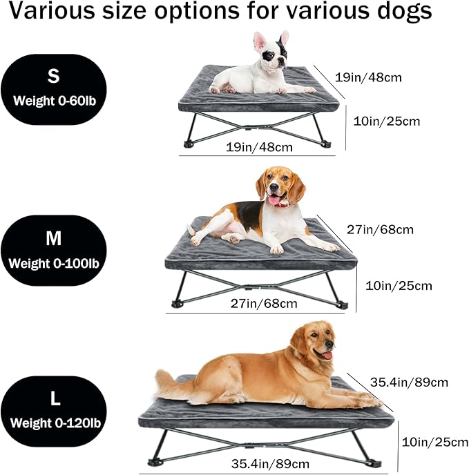 unp Elevated Cooling Dog Bed for Large Dogs - Foldable Dog Cot with Washable Plush Cover - 36 x 36 x 10-inch Breathable Mesh Camping Pet Bed with Outdoor Carrying Bag (Grey, L)