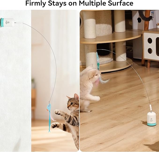 Migipaws Interactive Automatic Cat Teaser Wand Toy with Strong Suction Cup, 70cm Flexible Wire & DIY Bending Design, Rechargeable Cat Exercise Toy with Auto Timer for Indoor Cats (White)