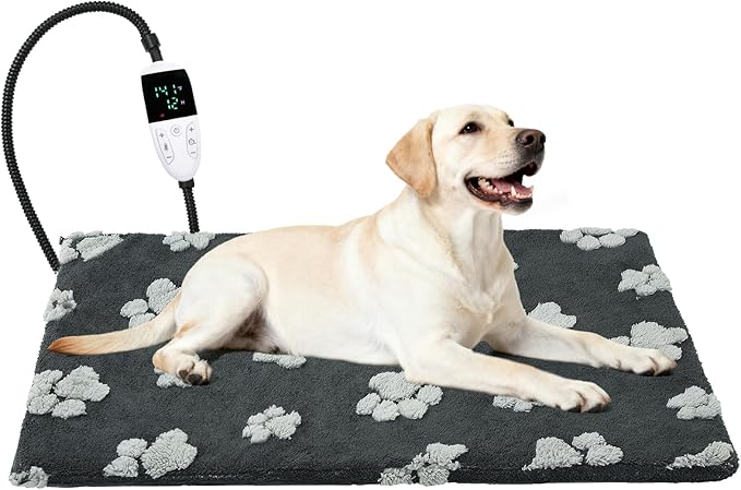 Large Dog Heating Pad with Smart Thermostat Switch, Heated Pet Crate Pad with Fleece Cover for Indoor Outdoor, 35x24 Inch with Anti-bite Cord, Constant on Function, UL&FCC Dual Certification