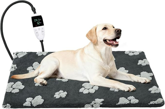 Large Dog Heating Pad with Smart Thermostat Switch, Heated Pet Crate Pad with Fleece Cover for Indoor Outdoor, 35x24 Inch with Anti-bite Cord, Constant on Function, UL&FCC Dual Certification