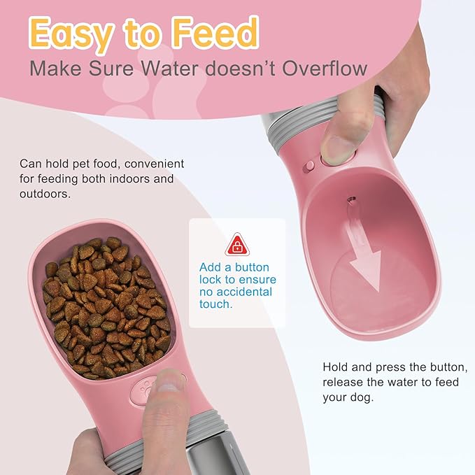 Portable Dog Water Bottle with Food Container, 14 OZ, Stainless Steel Leak Proof Puppy Water Dispenser with Drinking Feeder for Pets Travel, Walking, Hiking and Outdoor Activities
