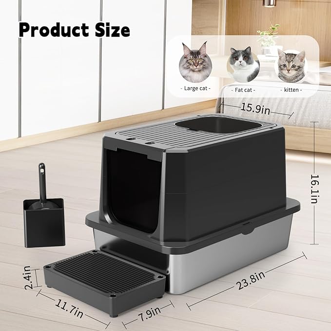 RIZZARI Enclosed Cat Litter Box: All Black Stainless Steel Odorless Cat Box - Top-Entry Design - Large Capacity Leak Proof Litter Pan for Cats - Teflon Non-Stick Coating - for Living Room Bedroom