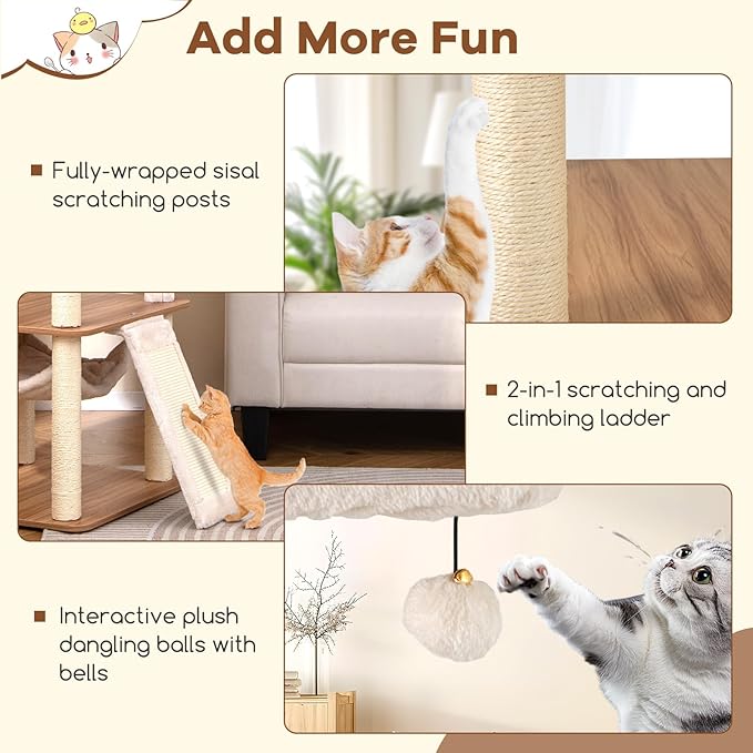 Tangkula Tall Cat Tree, 68 Inch Modern Wood Cat Tower with Sisal Scratching Posts, 3 Padded Perches, Condo, 2-in-1 Ladder, Dangling Balls, Washable Cushions for Indoor Cats Large Adult (Natural)