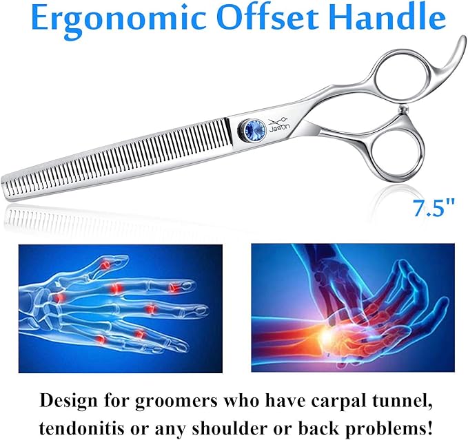 JASON 7.5" 56-Tooth Blending Dogs Grooming Scissors Cats Thinning Shears Pets Blender Thinner Trimming Texturizing Kit with Offset Handle Blue Jewelled Screw (7.5 Inch)