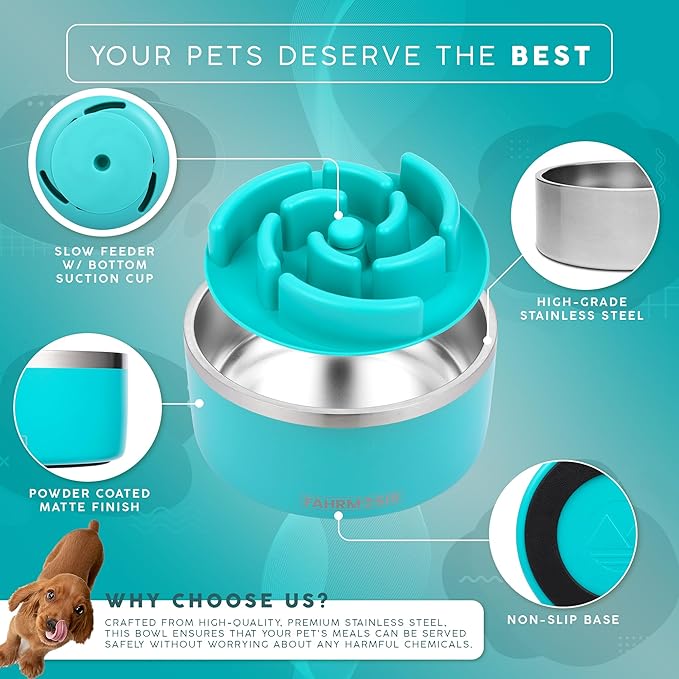 64 OZ Dog Bowl with Slow Feeder Insert Stainless Steel Pet Water Bowl for Medium & Large Breed Non Slip Rubber Base & Plastic Puzzle Feeder - Teal