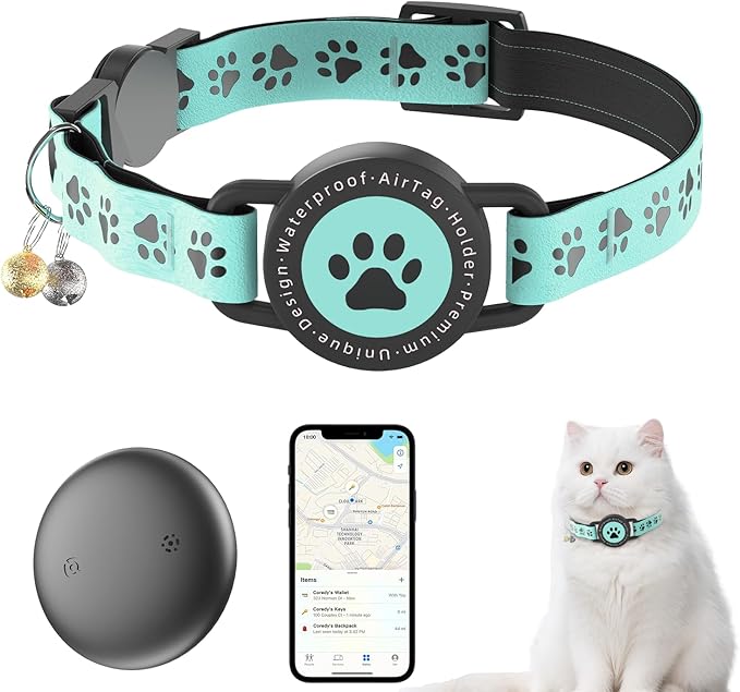 GPS Tracker for Cats, Waterproof GPS Cat Trackers Cats Collar with Bells, No Subscription, GPS Cat Collar, Adapt with Apple Find My (iOS Only) Finder Tag for items Pets Christmas Gift (Blue)