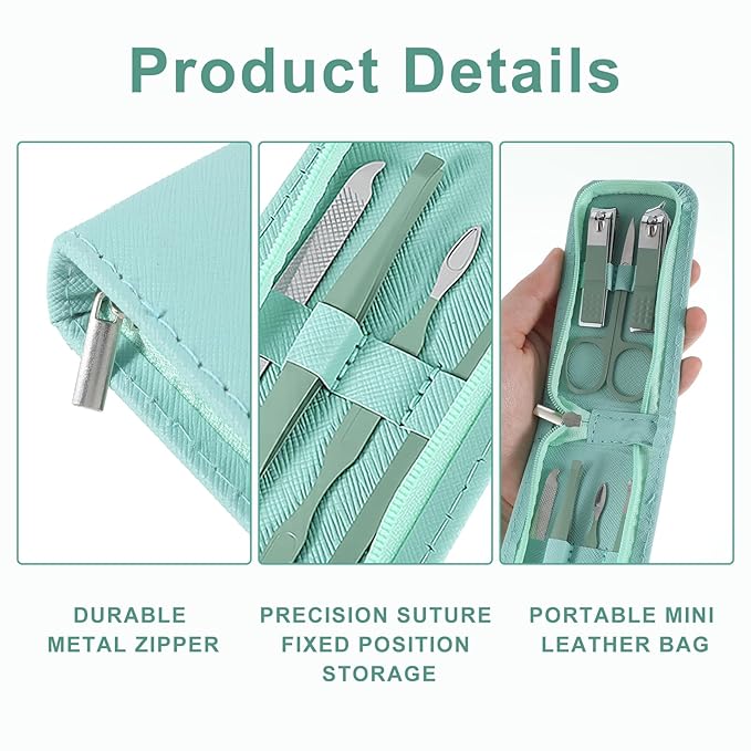7 Pcs Manicure Pedicure Set Stainless Steel Nail Clippers Pedicure Kit Professional Nail Care Beauty Tools with Portable Zipper Pack Travel Essentials Manicure Pedicures Kit for Men and Women (Green)