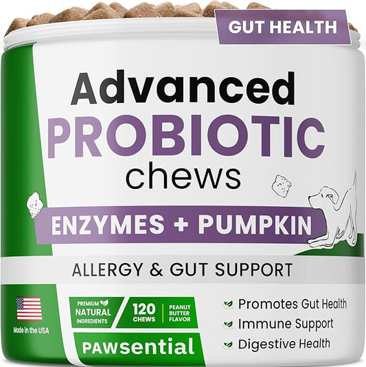 Dog Probiotic Chews for Digestive & Gut Health - Advanced Formula with Yeast, Enzymes & Fiber - Diarrhea Gas Stomach Relief Treats - Chewable Pet Digestion Supplement (120Ct Peanut Butter)
