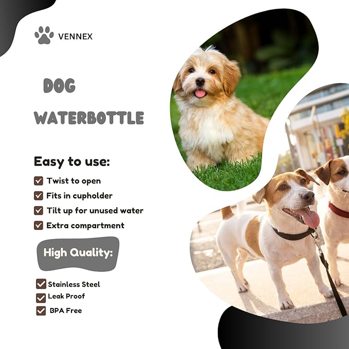 Dog Water Bottle Portable Stainless Steel Leak Proof Wide Mouth BPA Free Water Dispenser for Medium Small Dogs Pups 2 in 1 with Detachable Bowl Traveling Outdoor Walking Hiking Accessories (12OZ).