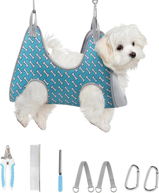 Supet Dog Grooming Hammock Harness for Dogs Cats, Relaxation Pet Nail Clipper Hammock, Restraint Dog & Small Animal Leashes Sling for Groomingk for Nail Trimming (Coral Blue, XS)