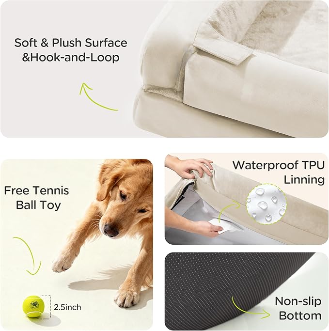 Extra Large Dog Bed, Orthopedic XL Washable Bed for Big Dog Waterproof Pet Couch Sofa Bolster with Removable Cover, Non-Slip Bottom, Tennis Ball Toy, 42x30