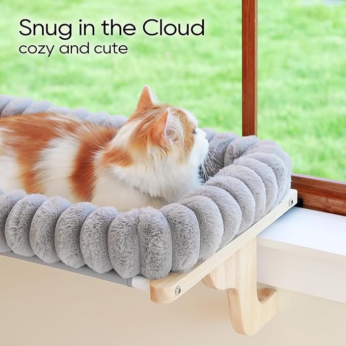 Zakkart SnugCloud Cat Window Perch with 4-Sided Bolster - Orthopedic Cat Hammock for Window Sill - Solid Hardwood & Metal Frame - Window Seat for Pets (Natural Color Wood w/Gray Bed, Large)