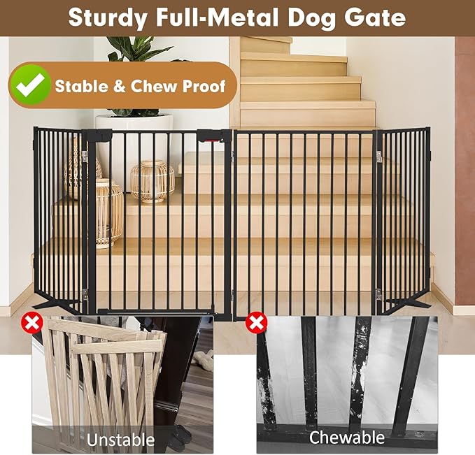 Metal Freestanding Dog Gates with Door,Extra Wide 24", 32" Height Foldable Dog Fence for Indoor & Outdoor, Heavy Duty Freestanding Pet Barrier for Stairs, Doorways, Halls, Kitchen,Yard,Christmas Tree