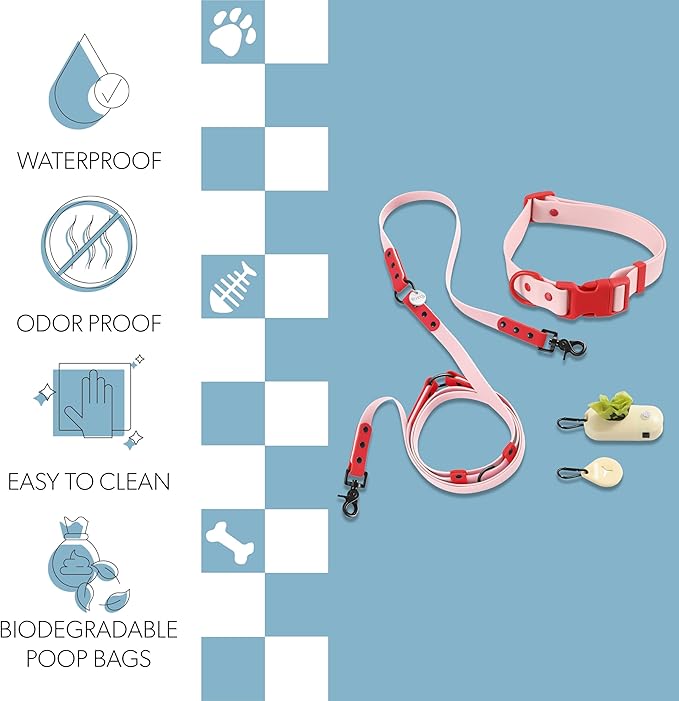 WLK1006G-5SET Luna Large 8FT Adjustable 6-in-1 Waterproof Hands-Free Leash and Collar with LED Flashlight, Bag Dispenser, and Poop Bag Holder, Paloma