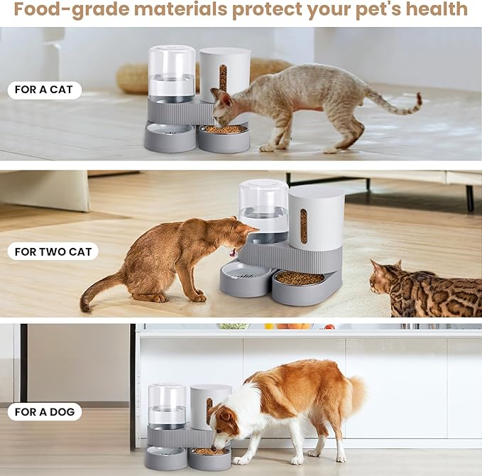 2 Pack Automatic Cat Feeder Stainless Steel Water Dispenser Gravity Food Feeder and Waterer Set with Pet Food Bowl for Small Medium Kitten Puppy Pets Large Capacity(Grey)