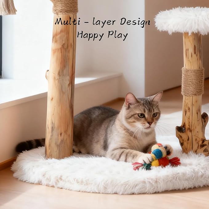Modern Cat Tree Tower for Indoor Cats, Natural Solid Wooden Branch with Sisal Scratching Post, Log Style Cat Furniture with Perches Platform & Toy Ball