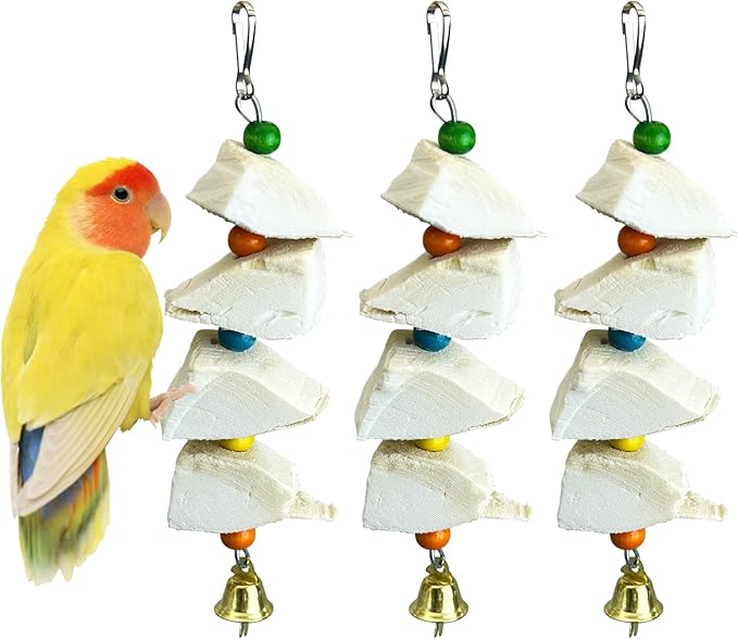 3 Pack Bird Chewing Toy Cuttlebone Parrot Toy with Bell Hanging Bird Beak Grinding Stone Parakeet Cage Accessories for Small Budgies Lovebirds Cockatiels (Block, 4 Per Skewer)