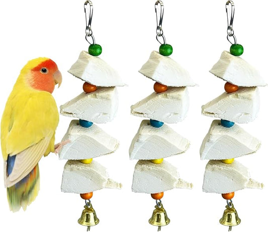 3 Pack Bird Chewing Toy Cuttlebone Parrot Toy with Bell Hanging Bird Beak Grinding Stone Parakeet Cage Accessories for Small Budgies Lovebirds Cockatiels (Block, 4 Per Skewer)