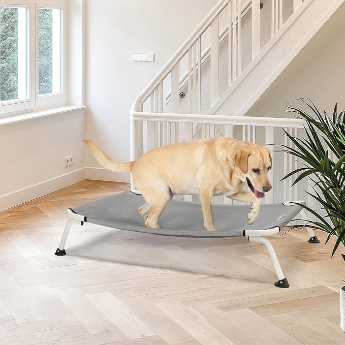 Veehoo Elevated Dog Bed for Outdoor, Cooling Waterproof Raised Dog Cots Beds for Large Dogs, Curved Off Ground Pet Hammock Cot Lifted for Outside, up to 85lbs, White Legs, Grey 42"