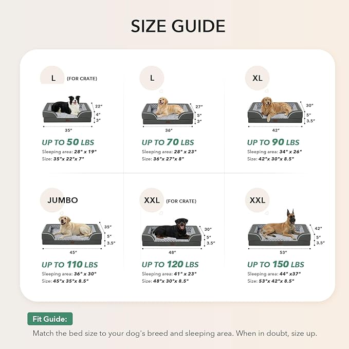 Orthopedic Dog Beds for Extra Large Sized Dogs, Waterproof Memory Foam XL Pet Bed with Sides 42x30Inch, Non-Slip and Egg-Crate Foam Big Dog Couch Bed with Removable Washable Cover, Dark Grey