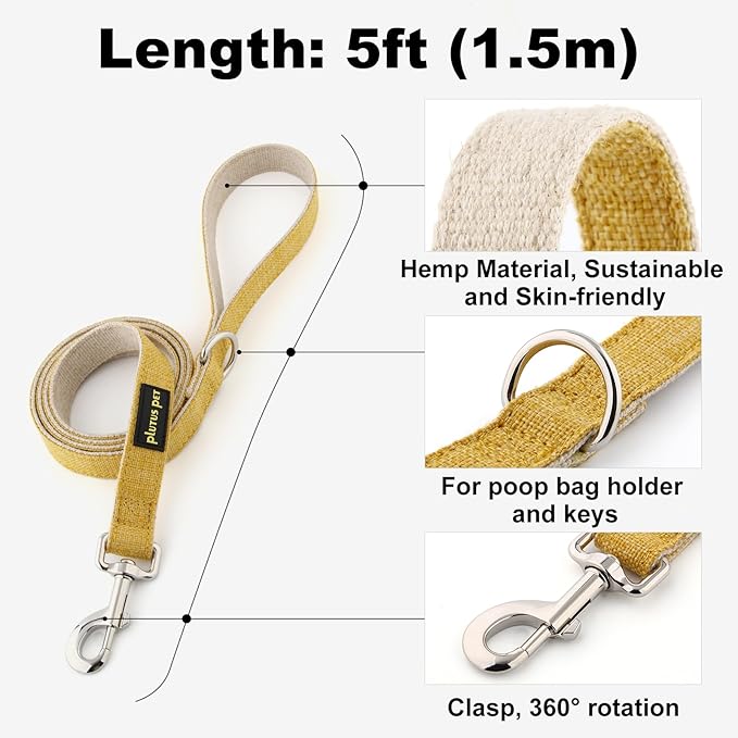 Plutus Pet Cotton Hemp Dog Collar and Leash Set, Adjustable Collar for Small, Medium, and Large Dogs, Heavy Duty and Soft on Skin, Yellow, XL