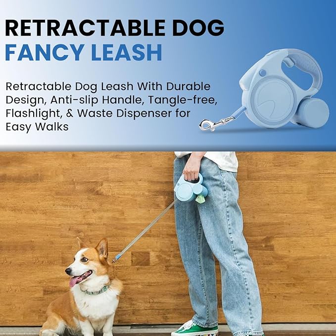 Retractable Dog Fancy Leash with Flashlight and Dispenser, 16 ft Dog Retractable Leash is Perfect for Safe and Comfortable Walking with Your Pet - Suitable for Dogs - Blue