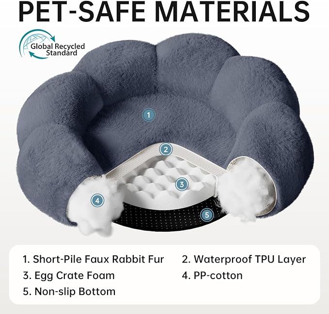 OhGeni 31 inches Calming Donut Orthopedic Dog & Cat Bed for Medium Pets, Warming Comfort Fluffy Short Pile Fur, Durable Waterproof Machine Washable Removable Cover, Cute Round Bed for Puppy, Blue