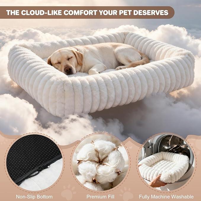 Dog Beds Large Sized Dog, Washable Self Warming Dog Cat Bed Rectangle Orthopedic Large Pet Sofa, Super Soft Plush Rabbit Fur Pet Couch Cute Cat Bed with Removable Zipper Cover & Anti-Slip Bottom
