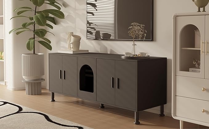 Double Litter Box Enclosure with Cat Scratch Mat & Motion Sensor Light, Wooden Litter Box TV Stand for 2 Litter Boxes & 2 Cats (Black)