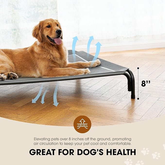 Elevated Dog Bed, Raised Outdoor Dog Bed for Large Sized Dogs, Portable Cooling Pet Cot with Breathable & Washable Mesh, Indoor & Outdoor Pet Hammock with Skid-Resistant Feet.